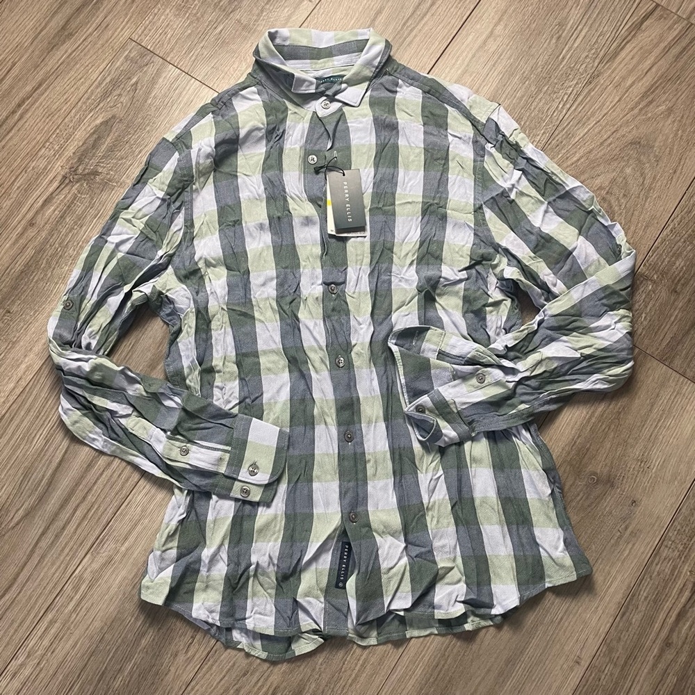 NWT‎ Perry Ellis Mens Striped Long Sleeve Button Down Shirt Medium